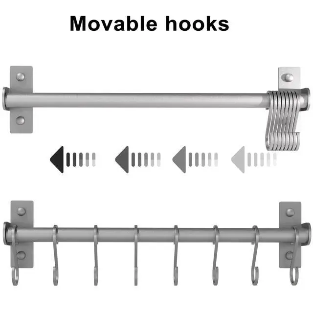 Alt view image 7 of 7 - Dseap Kitchen Utensil Holder Hanger, Pot and Pan Rack Wall Mounted, Kitchen Rail with 8 Hooks for Hanging Cooking Utensils, Mugs, Spoons, Wall Mounted, Silver