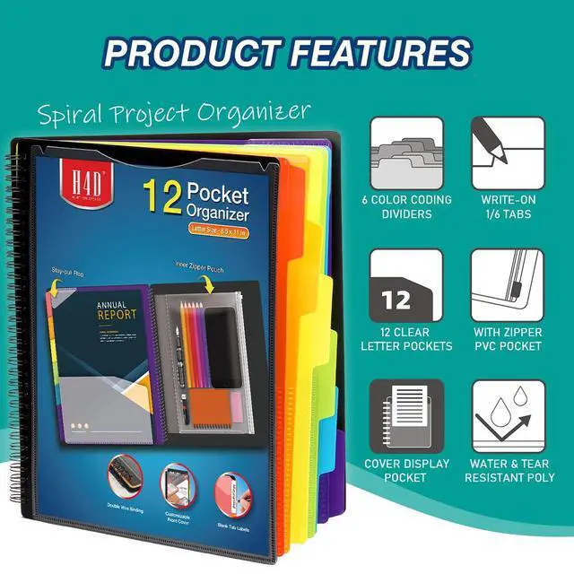 Alt view image 2 of 7 - H4D 12 Pocket Poly Project Organizer, Spiral Multi Pocket Folder Organizer, Multi-Subject Folder Notebook, Letter Size