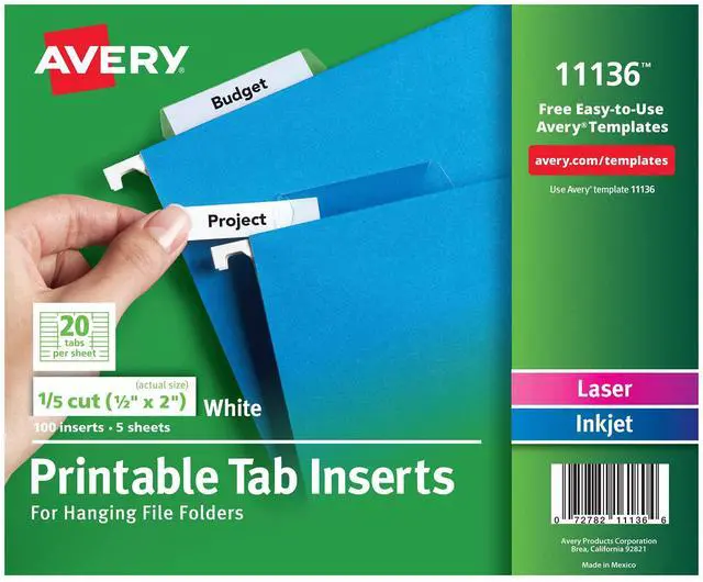 Main image of Avery Printable Tab Inserts for Hanging File Folders, 1/2" x 2", 1/5 Cut, White, 100 Index Tab Inserts (11136)