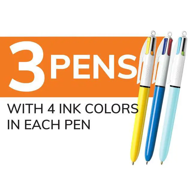 Alt view image 2 of 6 - BIC 4-Color Retractable Ballpoint Pen, Long-Lasting Ink and Comfortable Wide Barrel, 3-Count Pack in Assorted Ink