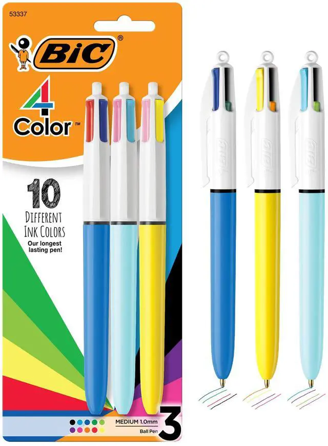 Main image of BIC 4-Color Retractable Ballpoint Pen, Long-Lasting Ink and Comfortable Wide Barrel, 3-Count Pack in Assorted Ink