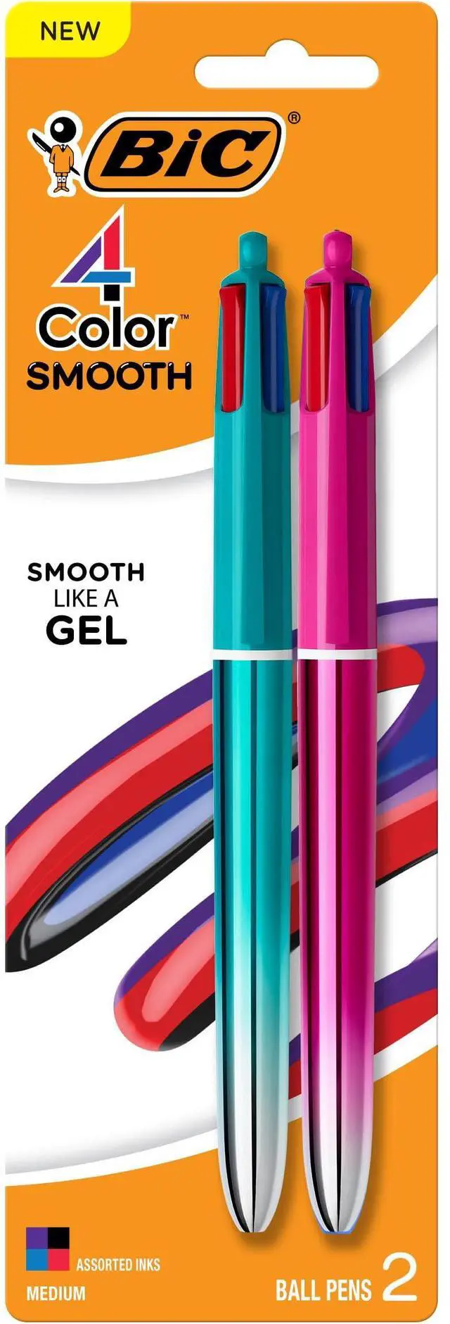 Main image of BIC 4 Color Smooth Gradient Retractable Ballpoint Pen, 1.0 mm Medium Point, 2-Count in Assorted Ink