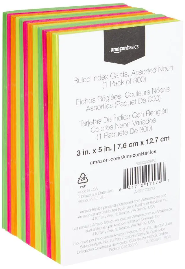 Alt view image 2 of 4 - Amazon Basics Ruled Index Flash Cards for Studying and Note Taking, Color Coding, Assorted Neon Colors, 3" x 5", 300-Count