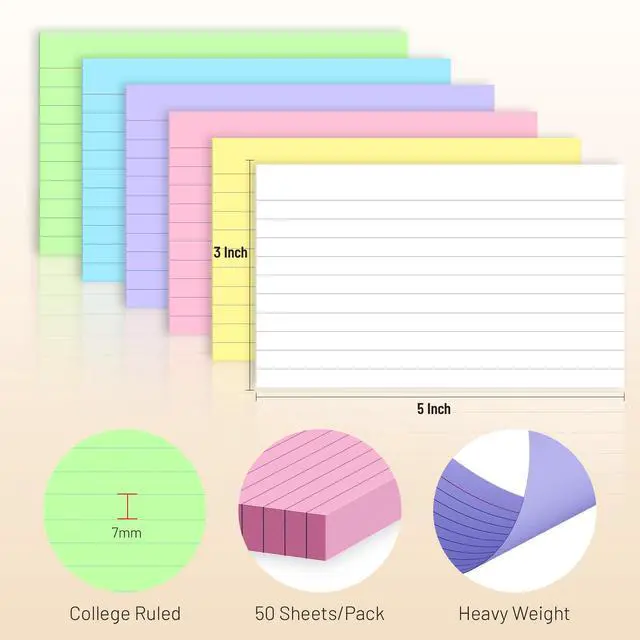 Alt view image 2 of 7 - 300 Count Colored Index Cards 3 x 5 Inch Ruled Index Cards, Flash Cards College Ruled for School, College, Office and Home Organization, Durable Study To Do List Note Cards with Ruled Lines