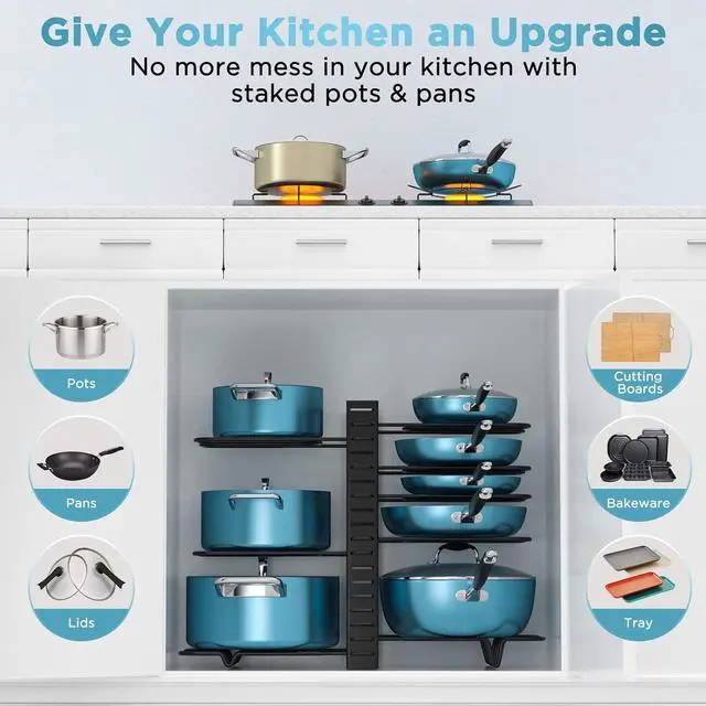 Alt view image 3 of 7 - ORDORA Pots and Pans Organizer for Cabinet 16.61 Height, 8 Tier Pot Organizers Rack with 3 DIY Methods, Adjustable Pan Organizer under Cabinet Kitchen Organization and Storage