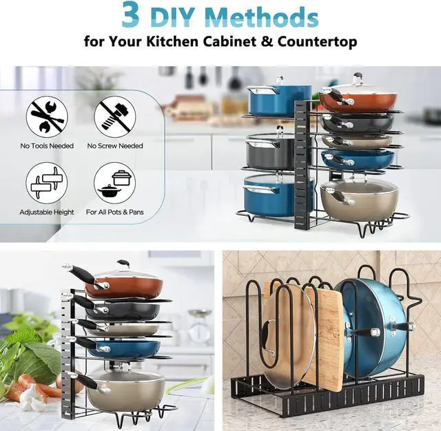 Alt view image 6 of 7 - ORDORA Pots and Pans Organizer for Cabinet 16.61 Height, 8 Tier Pot Organizers Rack with 3 DIY Methods, Adjustable Pan Organizer under Cabinet Kitchen Organization and Storage