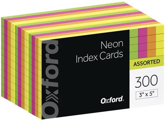 Main image of Oxford Neon Index Cards, 3" x 5", Ruled, Assorted Colors, 300 Per Pack (81300EE)