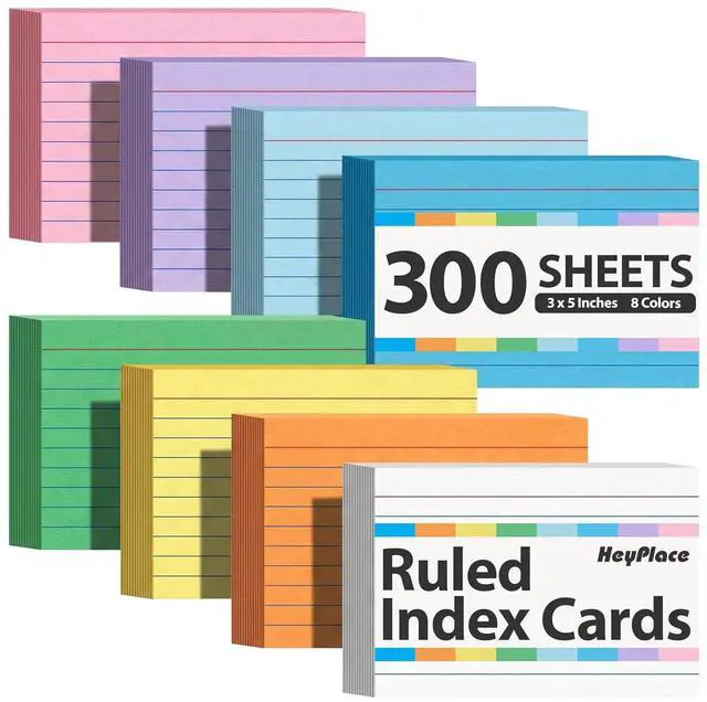 Main image of HEYPLACE 300Count Colored Index Cards 3x5, Ruled & Blank Flash Cards 8 Color Portable Note Taking, School Supplies for Students, Teachers, College, Study Organizing Notes