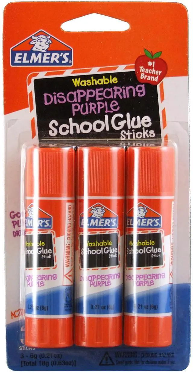 Main image of Elmer's Washable Dissappearing Purple School Glue Sticks, 3 Pack, 6 grams Each (E520)