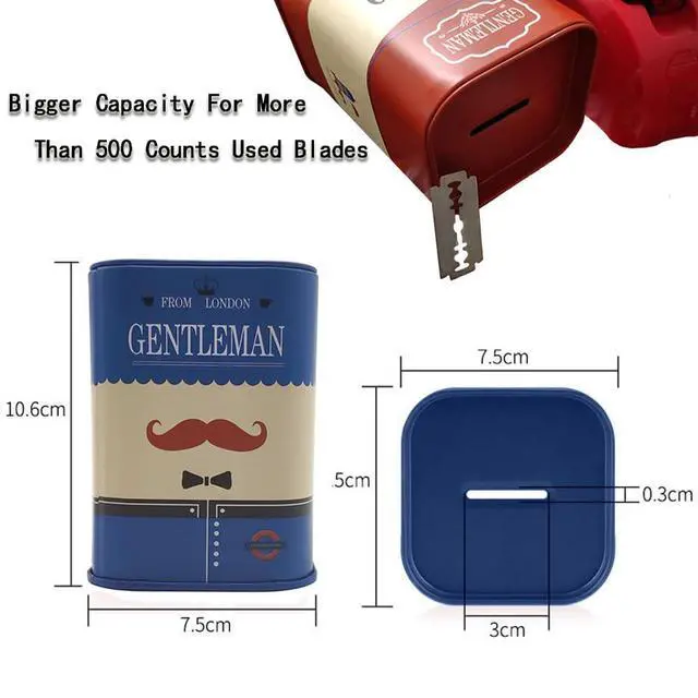 Alt view image 2 of 7 - DHinkyoung Safety Razor Blade Disposal Case, Double Edge Razor Blade Disposal Container, Gentleman Style Detachable Razor Blade Bank with Red Beard Pattern for Salon and Barber Shop (Blue)