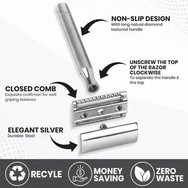 Alt view image 3 of 7 - ASIPRO Safety Razor for Men & Women with 10 Double Edge Safety Razor Blades Reusable Double Edge Razor Single Blade Razors for Women & Men Kit Gift Metal Razors Stainless