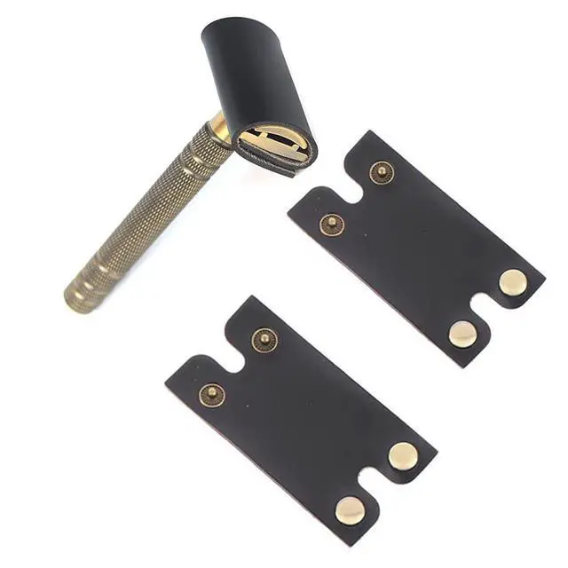 Alt view image 3 of 7 - Selxran Leather Safety Razor Cover Travel Case, 2 Pcs Double Edge Razor Head Protecting Sheath, Safety Razor Blade Guard, Shaving Travel Cover Leather Cover Fits Most Safety Razors (Black)