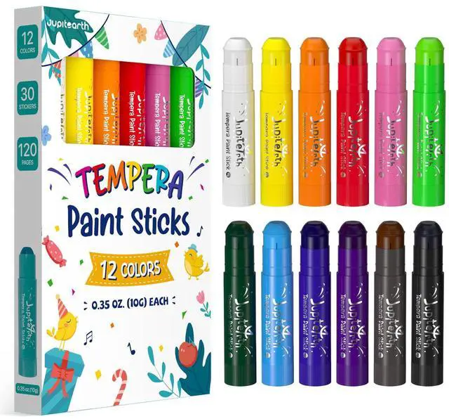 Main image of JUPITEARTH Paint Sticks for Kids 12 Colors, Quick Drying, Smooth, Non-Toxic and Washable Solid Tempera Paint Sticks with 120 PDF Coloring Pages and 30 Stickers, Toddler Art Supplies for Drawing