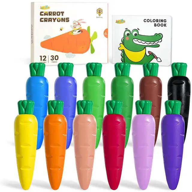 Main image of JUPITEARTH Carrot Crayons for Kids 12 Colors, Non Toxic Beeswax Crayons for Toddlers 1-3 with 30-Page Coloring Book & Stickers & 120 PDF Pages, Mess-Free Coloring for Kids Art Supplies Gift
