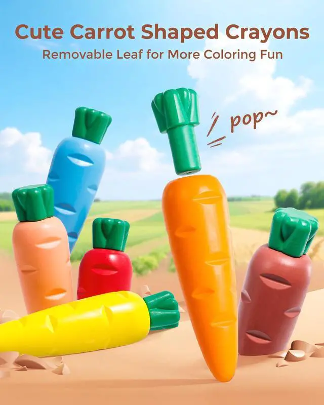 Alt view image 2 of 7 - JUPITEARTH Carrot Crayons for Kids 12 Colors, Non Toxic Beeswax Crayons for Toddlers 1-3 with 30-Page Coloring Book & Stickers & 120 PDF Pages, Mess-Free Coloring for Kids Art Supplies Gift