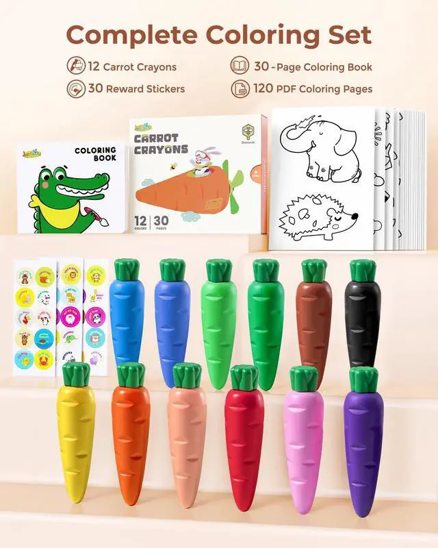 Alt view image 4 of 7 - JUPITEARTH Carrot Crayons for Kids 12 Colors, Non Toxic Beeswax Crayons for Toddlers 1-3 with 30-Page Coloring Book & Stickers & 120 PDF Pages, Mess-Free Coloring for Kids Art Supplies Gift
