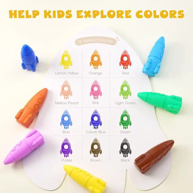 Alt view image 2 of 7 - JUPITEARTH 12 Colors Crayons for Toddlers, Non-Toxic Washable Rocket Crayons, Easy-to-Hold Coloring Gifts & Mess-Free Art Supplies for Little Hands