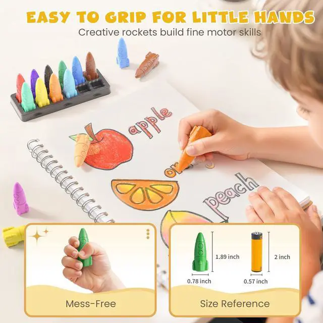 Alt view image 5 of 7 - JUPITEARTH 12 Colors Crayons for Toddlers, Non-Toxic Washable Rocket Crayons, Easy-to-Hold Coloring Gifts & Mess-Free Art Supplies for Little Hands