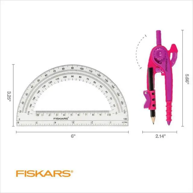 Alt view image 2 of 5 - Fiskars Plastic Compass and Protractor Set, Math Geometry Kit for Kids 8+, School Supplies, Includes Pencil, Color Varies