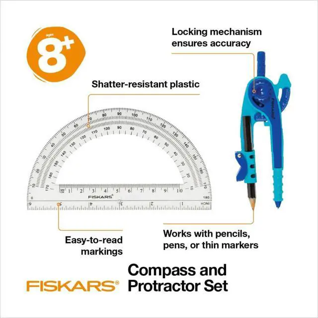 Alt view image 3 of 5 - Fiskars Plastic Compass and Protractor Set, Math Geometry Kit for Kids 8+, School Supplies, Includes Pencil, Color Varies