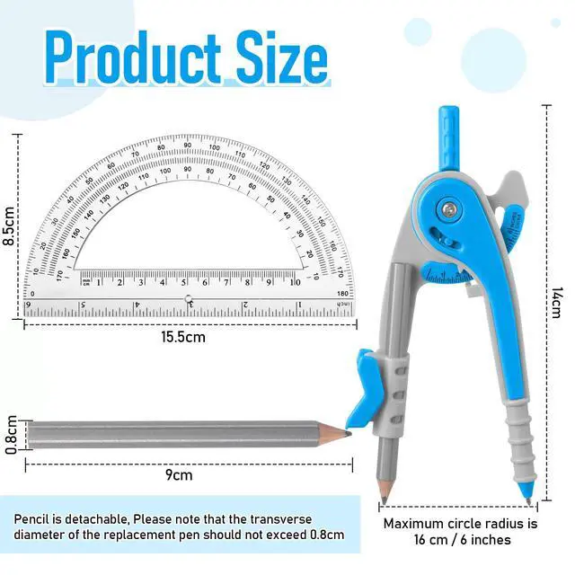 Alt view image 5 of 7 - EBOOT Student Geometry Math Set, Drawing Compass and 6 Inch Clear Swing Arm Protractors 180 Degree Math Protractor(Blue)