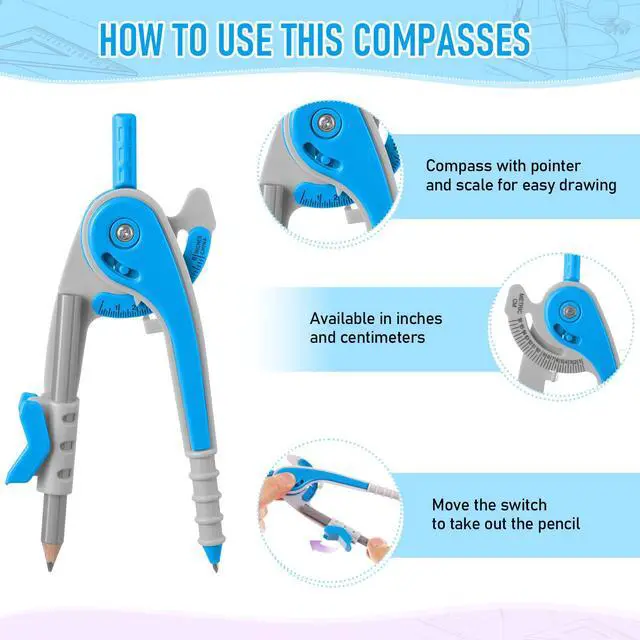 Alt view image 6 of 7 - EBOOT Student Geometry Math Set, Drawing Compass and 6 Inch Clear Swing Arm Protractors 180 Degree Math Protractor(Blue)