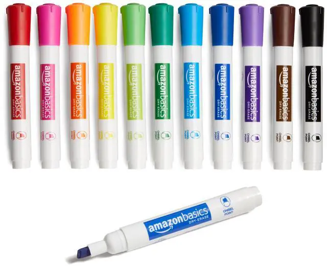 Main image of Amazon Basics Dry Erase Whiteboard Markers, Chisel Tip, Low-Odor, Assorted Colors, 12-Pack, Erase Easily