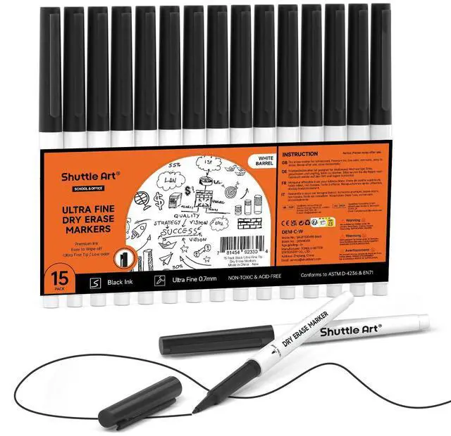 Main image of Shuttle Art Ultra Fine Dry Erase Markers, 15 Pack Black Whiteboard Markers with Erase, Dry Erase Markers Perfect For Writing on Whiteboards, Dry-Erase Boards,Mirrors for School Office Home
