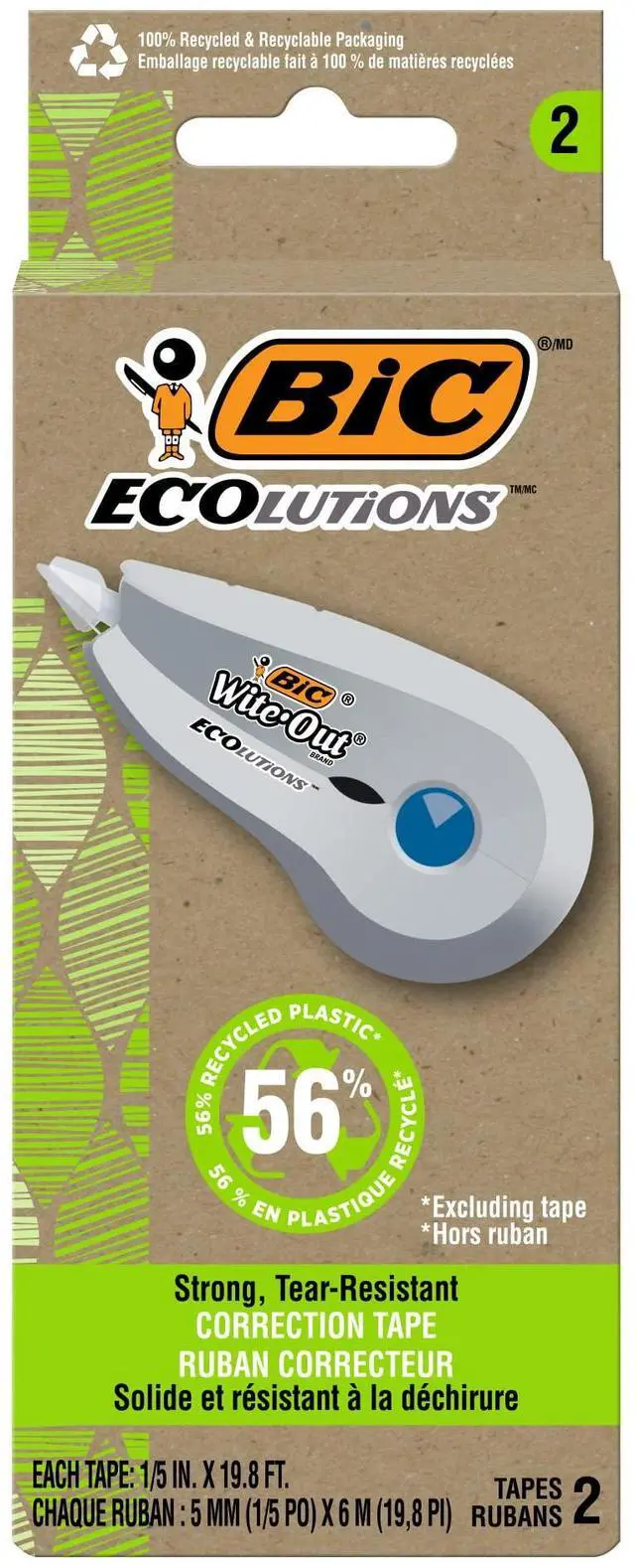 Main image of BIC Ecolutions Wite-Out Brand Correction Tape, 19.6 Feet, 2-Count Pack, Correction Tape Made from 56% Recycled Plastic Excluding Tape