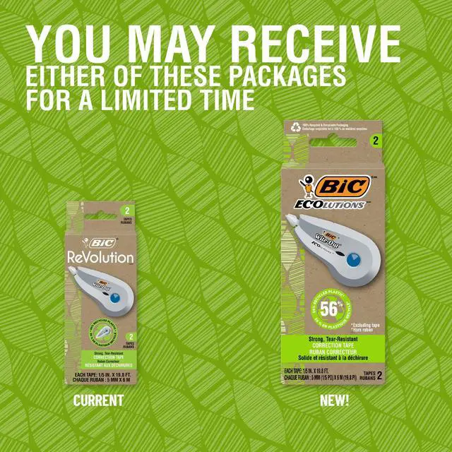 Alt view image 2 of 7 - BIC Ecolutions Wite-Out Brand Correction Tape, 19.6 Feet, 2-Count Pack, Correction Tape Made from 56% Recycled Plastic Excluding Tape