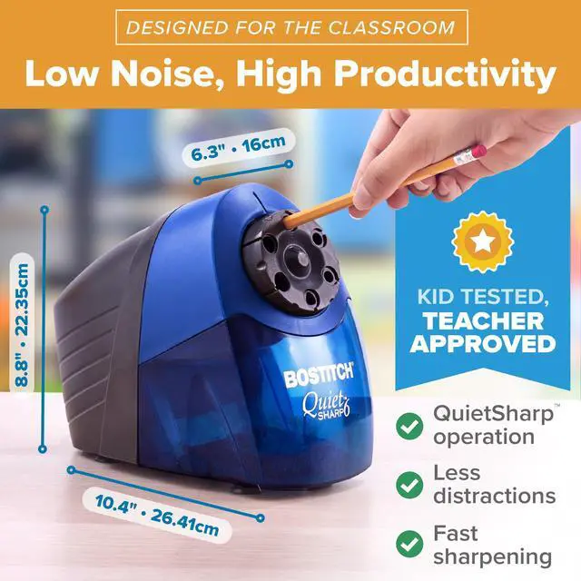 Alt view image 5 of 7 - Bostitch Office QuietSharp 6 Electric Pencil Sharpener, Heavy Duty Classroom Sharpener, Size Selector with 6 Different Sizes, For Colored & Graphite Pencils, Blue