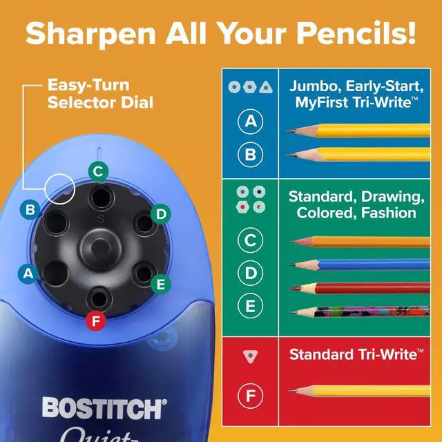 Alt view image 3 of 7 - Bostitch Office QuietSharp 6 Electric Pencil Sharpener, Heavy Duty Classroom Sharpener, Size Selector with 6 Different Sizes, For Colored & Graphite Pencils, Blue
