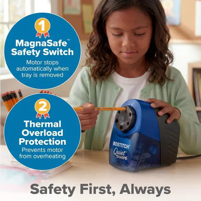 Alt view image 4 of 7 - Bostitch Office QuietSharp 6 Electric Pencil Sharpener, Heavy Duty Classroom Sharpener, Size Selector with 6 Different Sizes, For Colored & Graphite Pencils, Blue