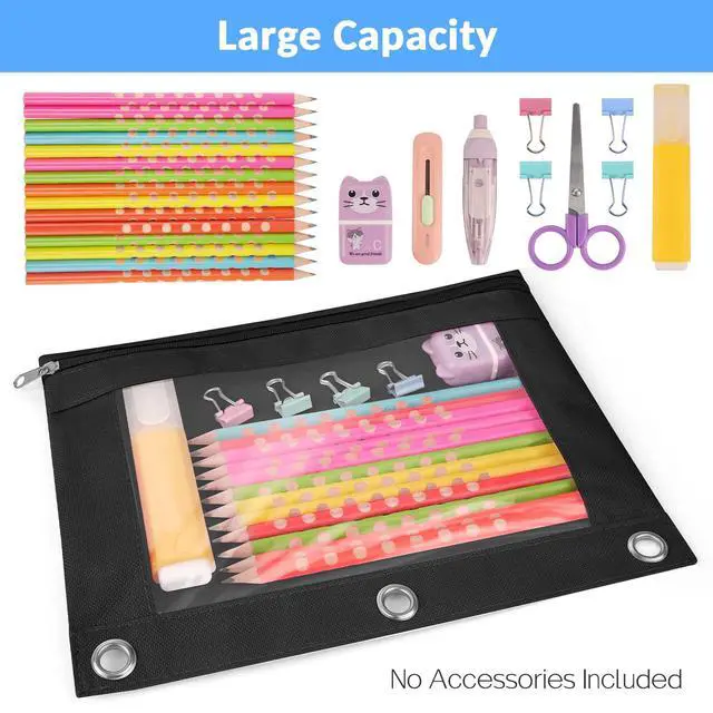 Alt view image 4 of 7 - Sooez Pencil Pouch for 3 Ring Binder, 2 Pack Binder Pencil Pouch with Clear Window Pencil Bags with Zipper & Reinforced Grommets, Pencil Case for Binder Black & Black