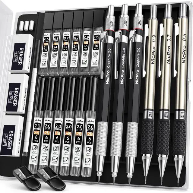 Main image of Nicpro 6PCS Art Mechanical Pencil Set, 3PCS Metal Drafting Pencil 0.5 mm & 0.7 mm & 0.9 mm & 3PCS 2mm Graphite Lead Holder (2B HB 2H) For Writing, Sketching Drawing With Lead Refills Case