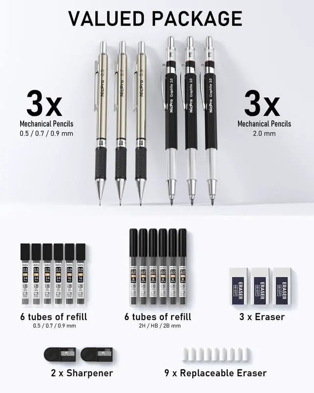 Alt view image 5 of 7 - Nicpro 6PCS Art Mechanical Pencil Set, 3PCS Metal Drafting Pencil 0.5 mm & 0.7 mm & 0.9 mm & 3PCS 2mm Graphite Lead Holder (2B HB 2H) For Writing, Sketching Drawing With Lead Refills Case