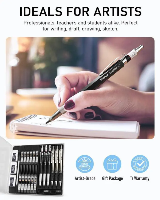 Alt view image 6 of 7 - Nicpro 6PCS Art Mechanical Pencil Set, 3PCS Metal Drafting Pencil 0.5 mm & 0.7 mm & 0.9 mm & 3PCS 2mm Graphite Lead Holder (2B HB 2H) For Writing, Sketching Drawing With Lead Refills Case