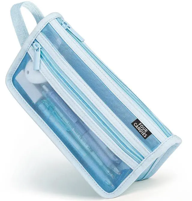Main image of Four Candies Grid Mesh Pencil Case with Handle and Zipper, Clear Double-layer Pencil Pouch Marker Pouch, Travel Makeup Bag, Cute Transparent Stationary Organizer Pen Bag for Adult Office College