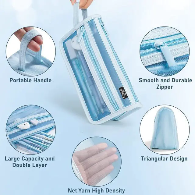 Alt view image 2 of 7 - Four Candies Grid Mesh Pencil Case with Handle and Zipper, Clear Double-layer Pencil Pouch Marker Pouch, Travel Makeup Bag, Cute Transparent Stationary Organizer Pen Bag for Adult Office College