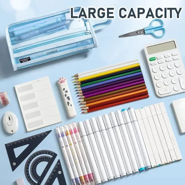 Alt view image 6 of 7 - Four Candies Grid Mesh Pencil Case with Handle and Zipper, Clear Double-layer Pencil Pouch Marker Pouch, Travel Makeup Bag, Cute Transparent Stationary Organizer Pen Bag for Adult Office College