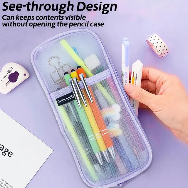 Alt view image 4 of 7 - Pencil Case, Purple Pencil Pouch, Pencil Bag, Clear Mesh Pencil Case With Zipper, Large Capacity Cosmetics Bags, Organizer Box for Adult, Aesthetic Pen Bag for Office Travel School Classroom Supplies