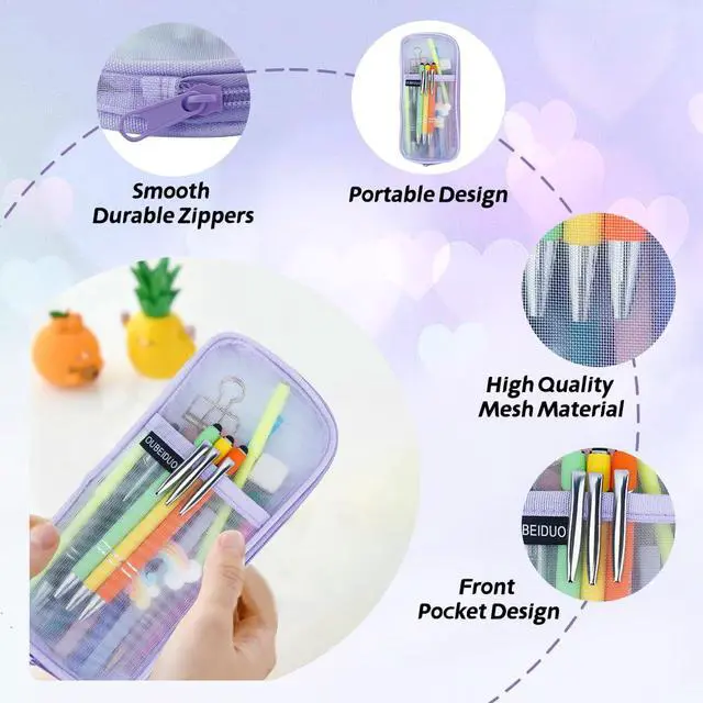 Alt view image 6 of 7 - Pencil Case, Purple Pencil Pouch, Pencil Bag, Clear Mesh Pencil Case With Zipper, Large Capacity Cosmetics Bags, Organizer Box for Adult, Aesthetic Pen Bag for Office Travel School Classroom Supplies