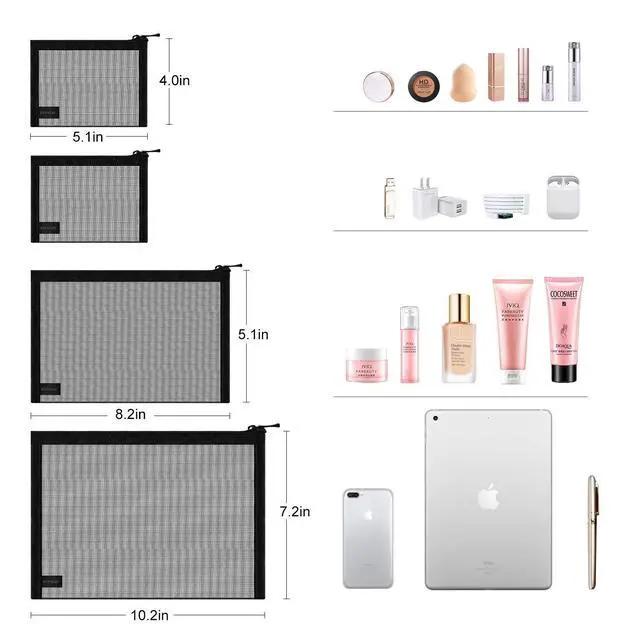 Alt view image 2 of 7 - EASYFUN Mesh Pouch, Make up Bag with Zipper Cosmetic Organizer Pouch for Daily or Travel to Keep Small Items, 4 PCS Black