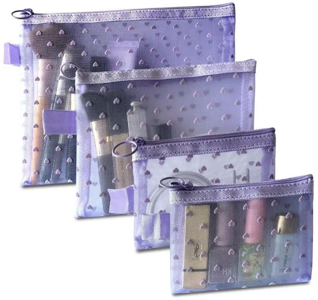 Main image of TRAKWAN 4-Piece Heart Printed Mesh Makeup Bag Set, Portable Travel Cosmetic Bags Toiletry Bags Makeup Purse Bags Zipper Storage Pouches for Home Offices Travel Accessories (Light Purple)