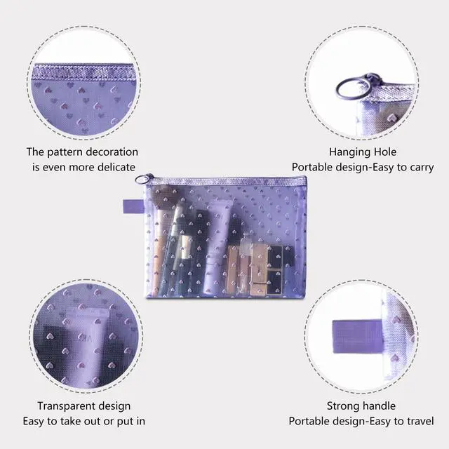 Alt view image 2 of 3 - TRAKWAN 4-Piece Heart Printed Mesh Makeup Bag Set, Portable Travel Cosmetic Bags Toiletry Bags Makeup Purse Bags Zipper Storage Pouches for Home Offices Travel Accessories (Light Purple)