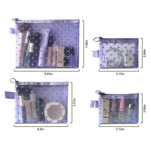 Alt view image 3 of 3 - TRAKWAN 4-Piece Heart Printed Mesh Makeup Bag Set, Portable Travel Cosmetic Bags Toiletry Bags Makeup Purse Bags Zipper Storage Pouches for Home Offices Travel Accessories (Light Purple)