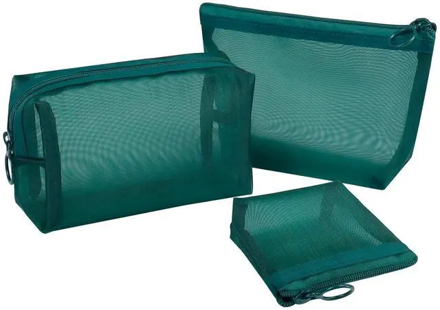 Main image of Aosbos 3-Pack Mesh Cosmetic Bag Set - Travel/On-The-Go Makeup Storage, Zipper Closure Small Pouch, Green