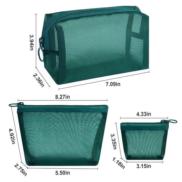 Alt view image 2 of 7 - Aosbos 3-Pack Mesh Cosmetic Bag Set - Travel/On-The-Go Makeup Storage, Zipper Closure Small Pouch, Green