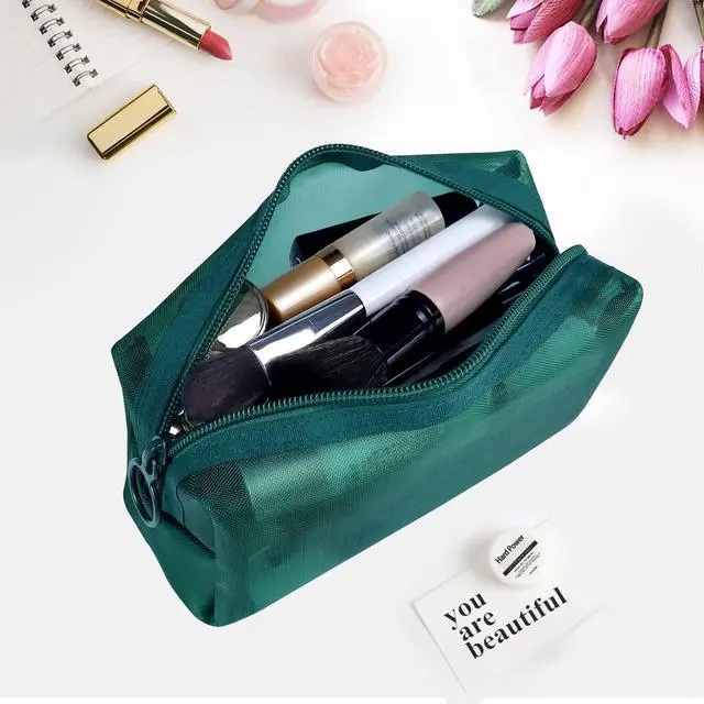 Alt view image 4 of 7 - Aosbos 3-Pack Mesh Cosmetic Bag Set - Travel/On-The-Go Makeup Storage, Zipper Closure Small Pouch, Green