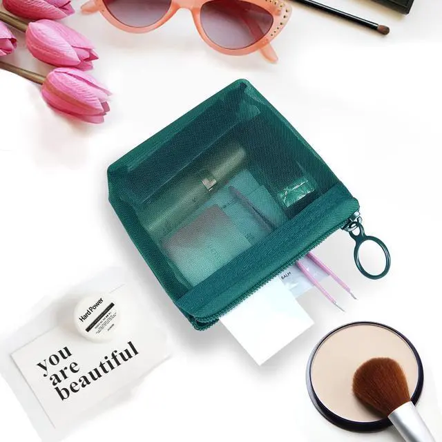 Alt view image 5 of 7 - Aosbos 3-Pack Mesh Cosmetic Bag Set - Travel/On-The-Go Makeup Storage, Zipper Closure Small Pouch, Green